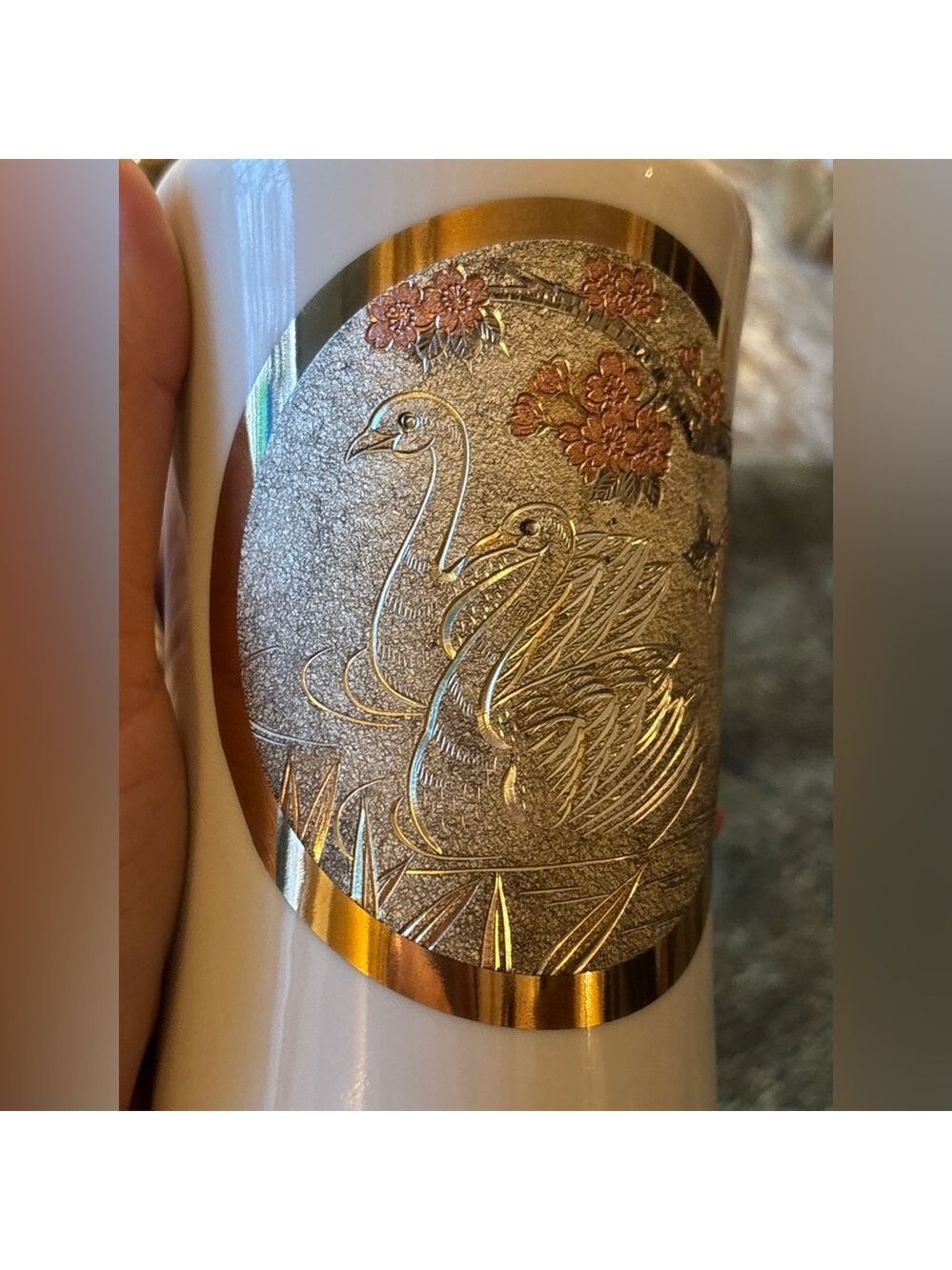 VINTAGE Japanese Chokin Art Vase • 24K Gold Swan Relief • Porcelain • EUC - Picture 7 of 15